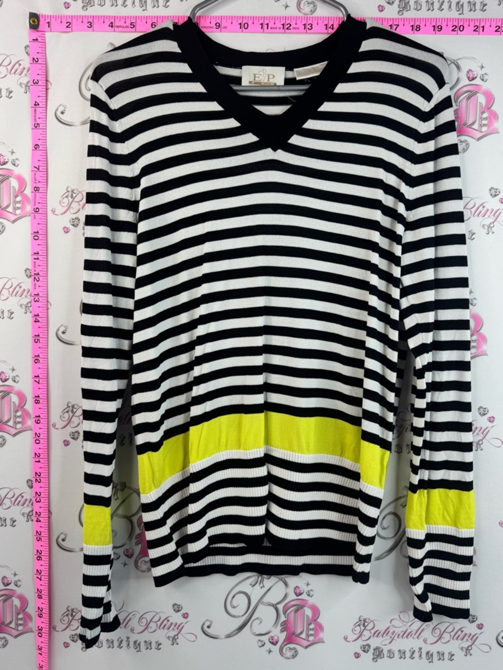 EP Pro long sleeve Black White Striped V-Neck Sweater with Neon Yellow Accent